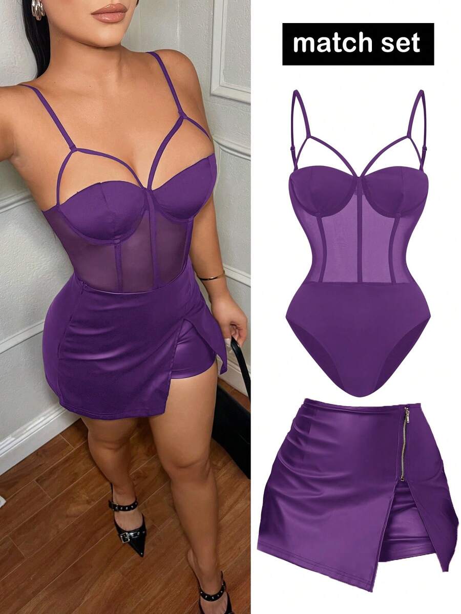 SHEIN SXY 女士性感春夏吊带网纱拼接罩杯装饰吊带衫 - 紫色 - 查看 1
