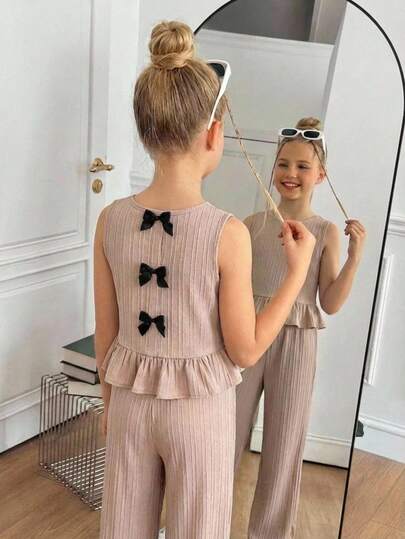 SHEIN Conjunto de top sin mangas con dobladillo de volantes y pantalones rectos a juego, estilo minimalista y cómodo para niña preadolescente en primavera/verano, color blanco