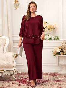 Miaspire Plus Size Elegant Commuter Mesh & Sequin Patchwork Top And Pants 2 Pieces Set - Burgundy - View 4