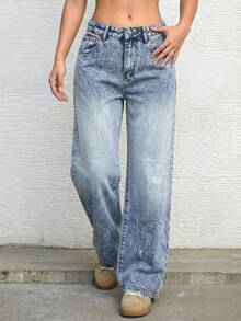 SHEIN ICON Quần jeans ống đứng dáng thường ngày cho nữ, kiểu dáng wash. - Rửa nhẹ - Xem 4