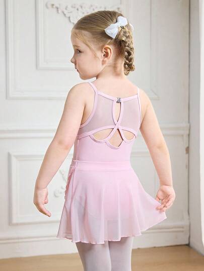 Young Girls' Snug Fit Knit Camisole Sportswear Leotard, Pink Mesh Patchwork High-Stretch Fabric, Sweet & Cute Ballet Dance Gymnastics Camisole, Suitable For Daily Ballet, Gymnastics And Other Exercises