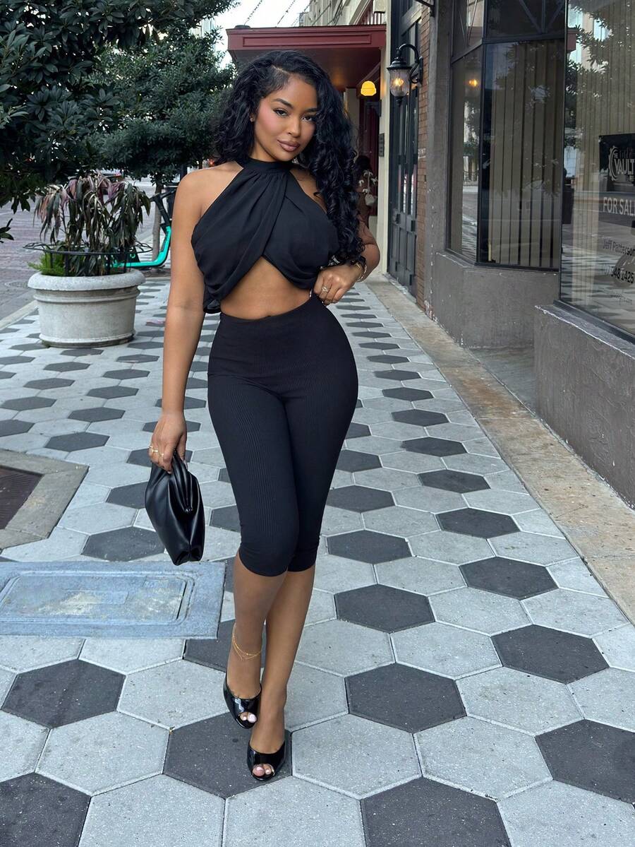 Alexandranx 雪纺假日休闲时尚交叉褶皱后颈纽扣优雅性感女士衬衫 - 黑色 - 查看 1