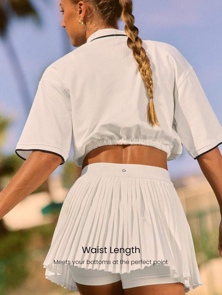 Cotton Pique Clubhouse Relaxed Fit Contrasting Neckline Cuff Trim Adjustable Drawstring Hem Cropped Cinched Polo Top Tennis Golf Pickleball Daily Casual Wear