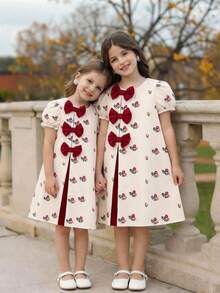 SHEIN LMoss Kids Young Girl Ditsy Floral Elegant Puff Sleeve Dress,Kids - Black and White - View 6