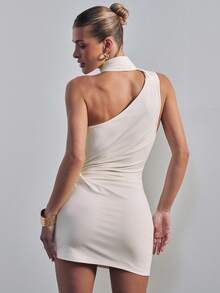 SHEIN Haute Women's One Shoulder Draped Casual Stretch Knit Dress Office Wear - Apricot - View 2