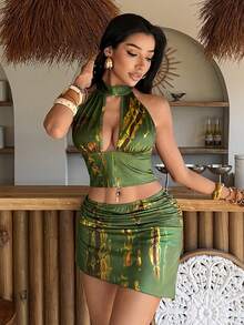 EgrlEra Y2K Tropical Vacation Sexy Deep V Backless Camisole And Asymmetric Hem Mini Skirt 2 Pieces Set - Multicolor - View 4