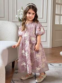 DAZY Vestido lindo con cuello redondo y mangas de pétalo bordado para niña joven - Morado - Ver 8