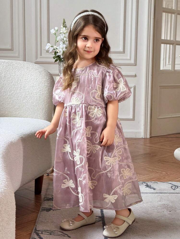 Young Girl Embroidered Round Neck Petal Sleeve Cute Dress Vacation