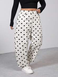 SHEIN PETITE CURVE 夏季加大码 PETITE CURVE 女士黑白波点口袋纽扣喇叭阔腿牛仔裤，休闲夏季度假装扮，时尚百搭，适合度假穿着。 - 白色 - 查看 6