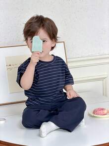 Dazy Kids 男嬰圓領條紋長袖上衣與純色長褲 2 件套睡衣套裝 夏季幼兒 - 藍色 - 查看 3