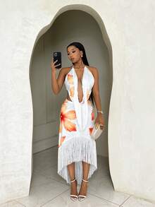 BamGleam 女士露背系带花卉印花流苏设计休闲度假约会外出中长连衣裙 - 彩色 - 查看 6