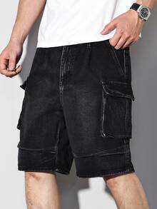 Zalmeno Casual Washed Black Loose Pleated Oversized Pockets Cropped Cargo Shorts, Spring/Summer - Black - View 7