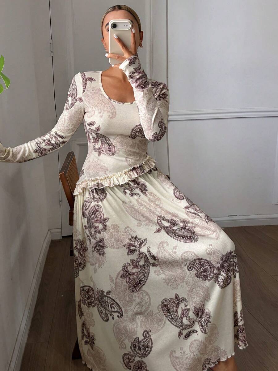 DAZY Vacation Style Paisley Print Cinched Waist Long Nightgown For Women - Apricot - View 1