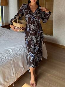 DAZY Floral Print Women Robe - Coffee Brown - View 8