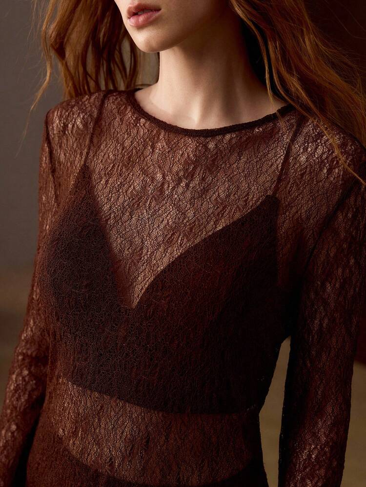 ROMANTIC STRETCH LACE MESH SOFT TEXTURED LONG SLEEVE HOLLOW SHEER LAYERED FITTED BLOUSE