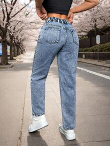 Jeans de talle alto rotos con corte "mom fit" - Azul - Ver 2