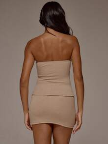 MUSERA ESSENTIALS Ribbed Fitted Bandeau Top With Fitted Ribbed Mini Skirt Coord Sold As Set Spring Summer Holiday Everyday Cute Daily Basics Essential - Camel - View 2