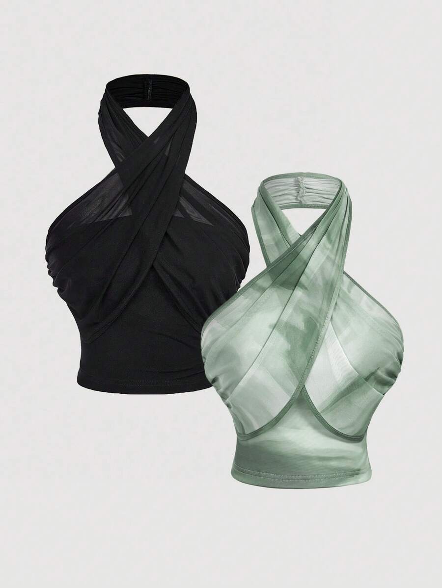 SHEIN MOD 两件套女士交叉露背褶皱腰身时尚上衣，秋冬季，女士服装，休闲女装，女装，感恩节冬季，派对上衣，圣诞节 - 彩色 - 查看 1