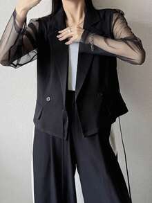 FRIFUL Women's Fashion Commuter Mesh Patchwork Double-Breasted Blazer - Black - View 5