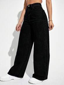 SHEIN EZwear 大码休闲水洗高腰直筒牛仔裤 - 黑色 - 查看 4