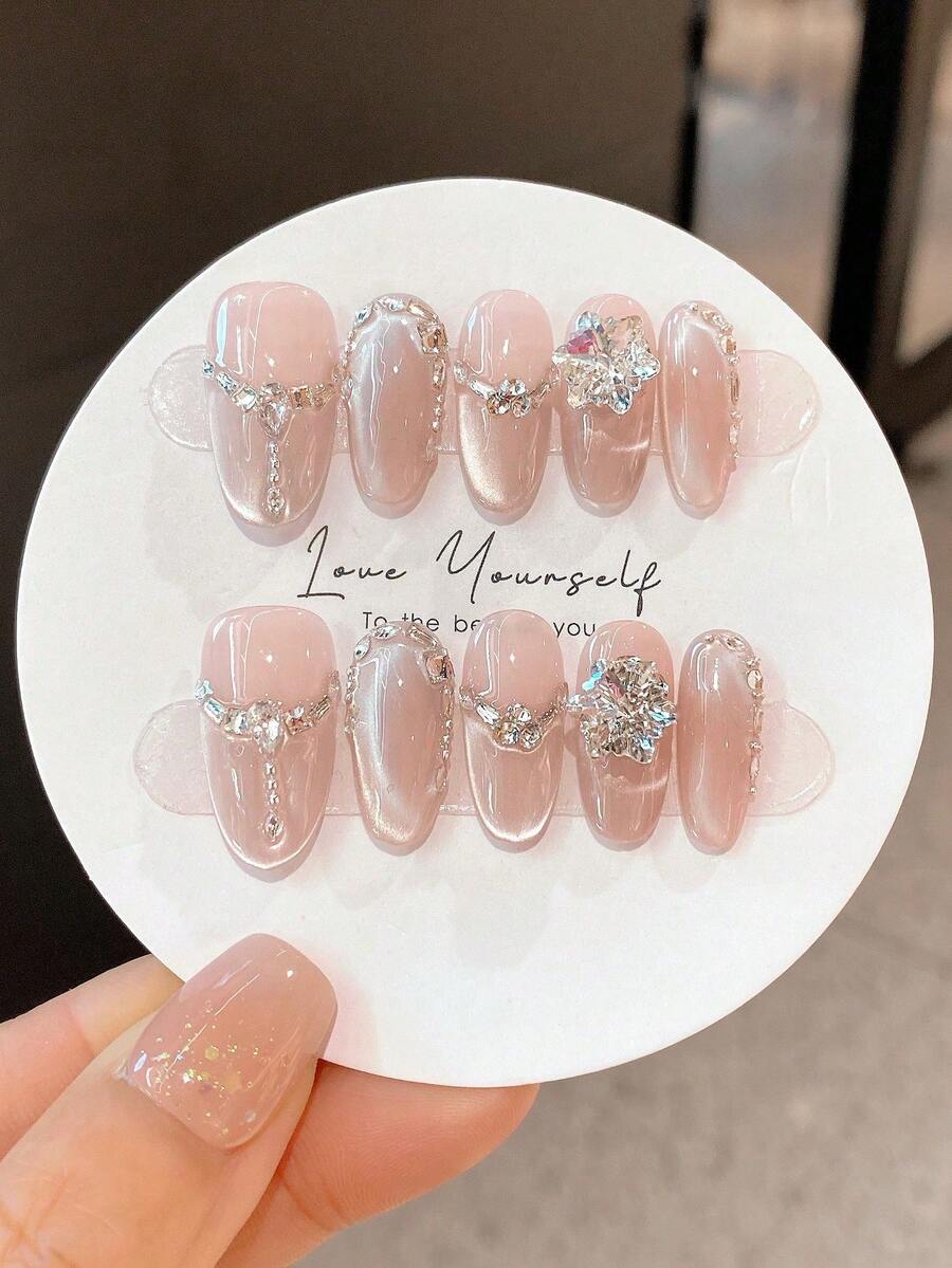 10Pcs Handmade Pointed Almond Shaped Gray Cat Eye 3D Crystal False Nails With Shiny Effect, Suitable,Daily Wear And Parties - Multicolor - View 1