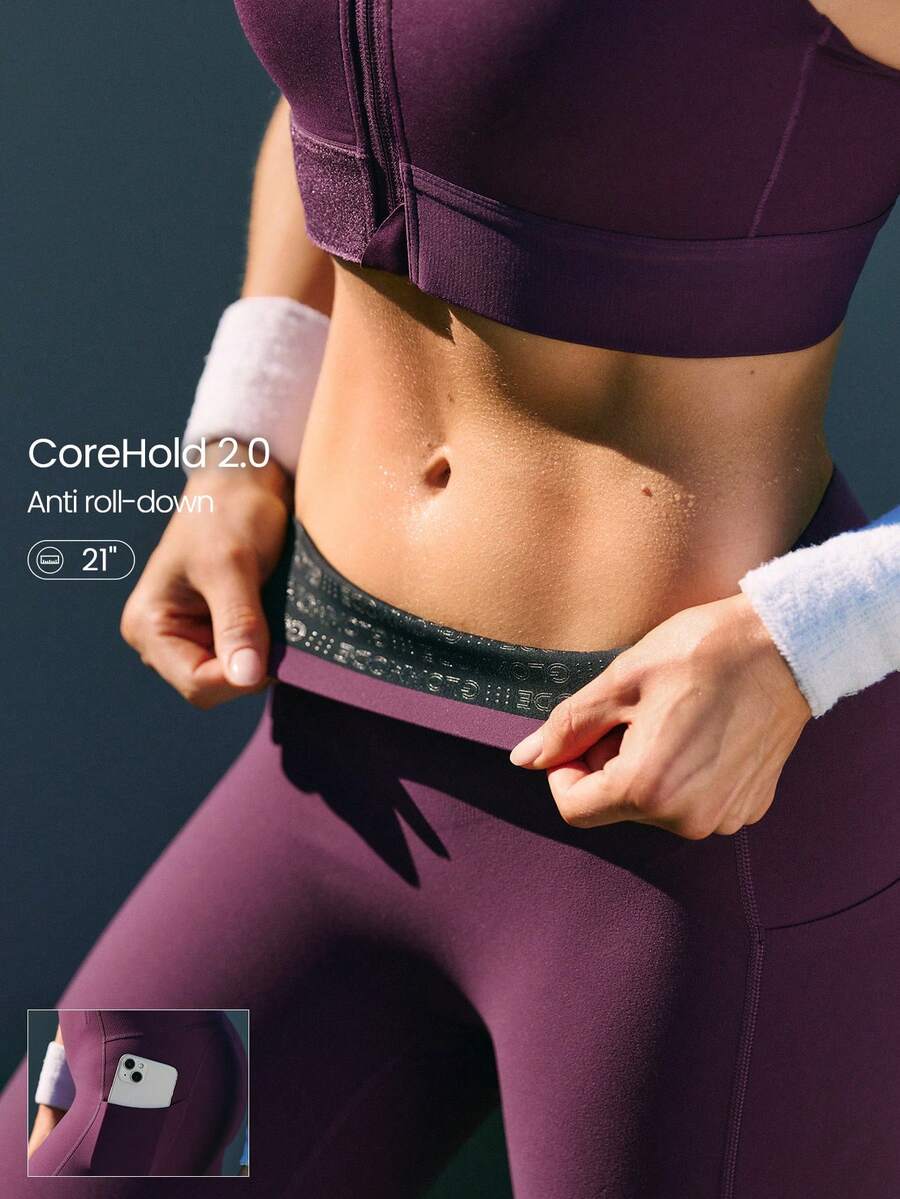 GLOWMODE 21" FeatherFit™-Sculpt Slay The Sweat Compressive Anti-Roll Tummy Control No Front Seam Side Pockets Leggings Training Running Workout Gym - Purple - View 1