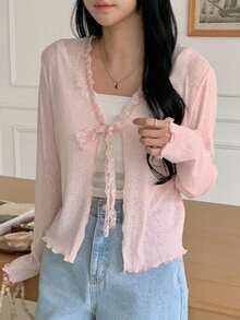 DAZY 女士蕾丝边蝴蝶结薄款T恤 - 粉色 - 查看 8