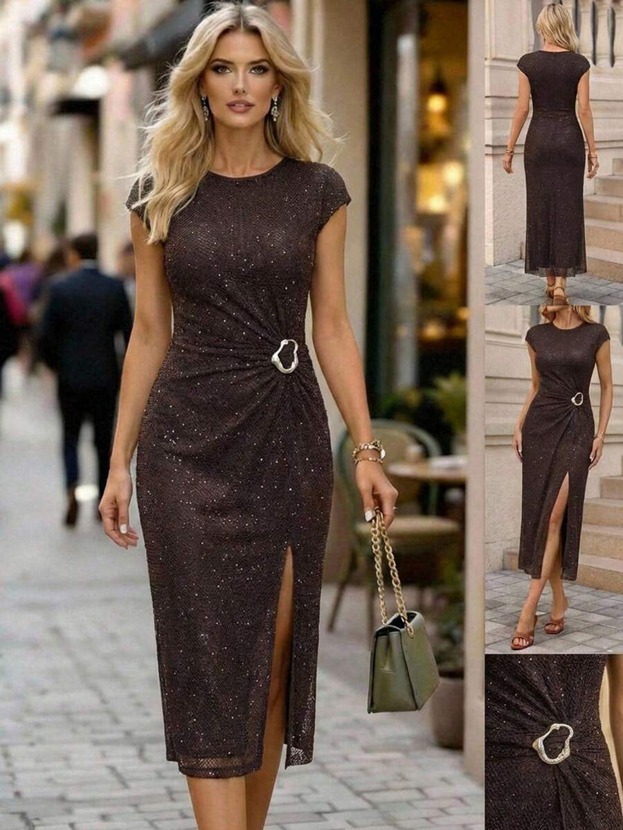 Editum Đầm mùa hè tay ngắn cổ tròn thời trang đính kim loại, dáng ôm cho nữ - màu nâu - Xem 1