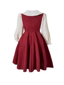 SHEIN Váy yếm tua rua ngọc trai có thể tháo rời màu đỏ và mơ, vải nhung kẻ mùa thu cho bé gái, cổ hoa thanh lịch, phong cách thường ngày - Nhiều màu - Xem 2