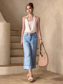 Selenza Women's Casual Loose Versatile Cuffed Ankle Denim 3/4 Pants, All Season - Light Wash - View 6