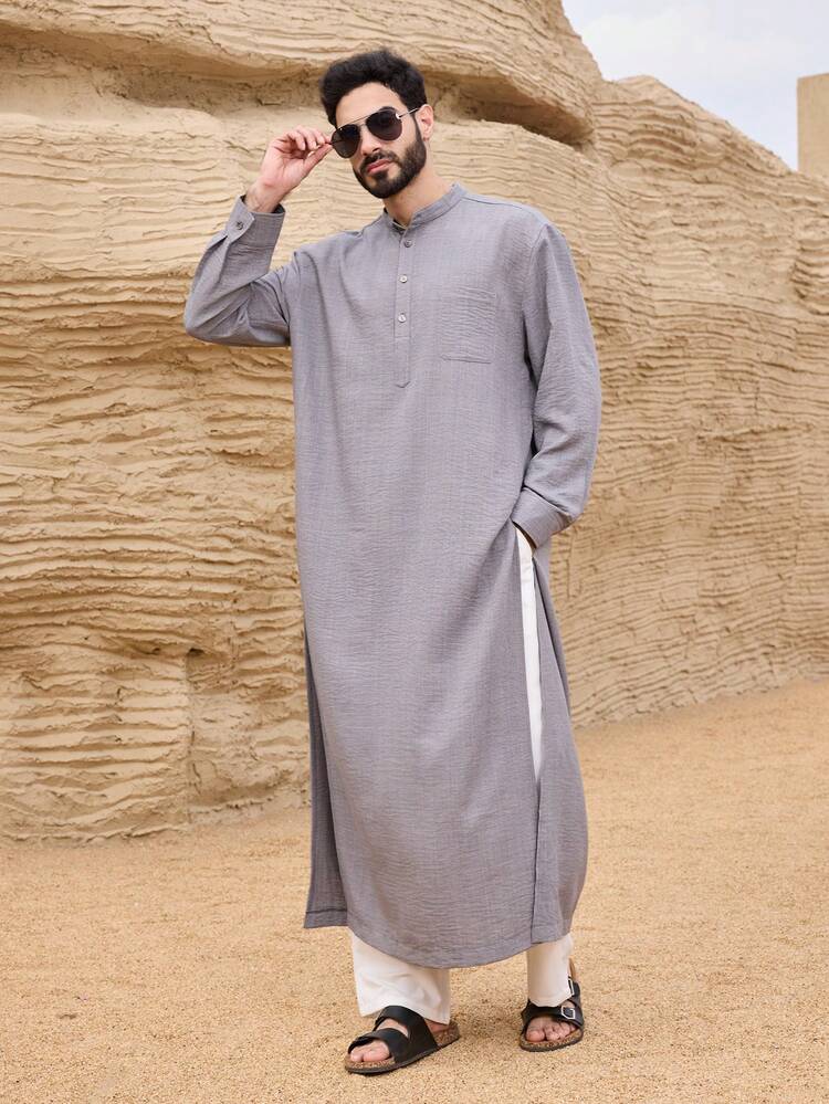 Long Gray Middle Eastern Style Shirt For Men, Spring Summer Long Sleeve Tops Women