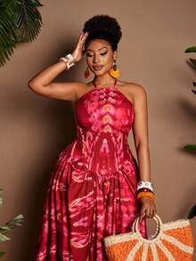 Maweii 大码女式红色扎染吊带连衣裙，收腰设计，飘逸裙摆。适合海岛度假、海滩派对、旅行摄影、都市漫步、音乐节等场合，打造清新度假风。 - 彩色 - 查看 4