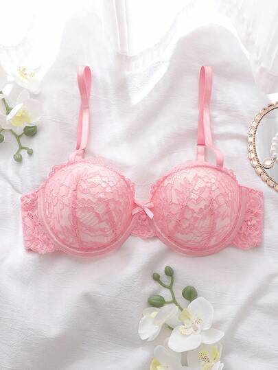 Pink, With Underwire, Molded Cup, High-Support, 1/2 Cup, Lift & Enhance, Lace Patchwork, Cute & Charming, Uplift, Push-Up, Gather, Comfy Balconette Bra For Women