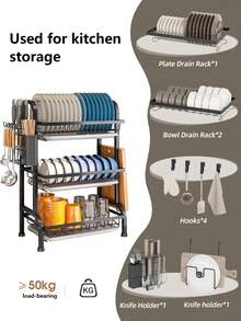 1 chiếc kệ đựng đồ nhà bếp 3 tầng lớn với chức năng thoát nước nhanh, giá đựng dao nĩa, giá để thớt, giá đựng dụng cụ nhà bếp đa năng khô ráo cho bát, đĩa và nhiều vật dụng khác, giá đựng dụng cụ | Kệ kim loại kiểu dáng đẹp | Đồ dùng nhà bếp, dụng cụ sắp xếp và lưu trữ nhà bếp - màu đen - Xem 6