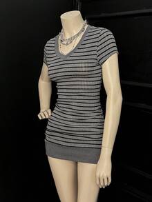 Elamini Women's Fashionable Multi-Color Knit Crew Neck Short Sleeve Dress - Multicolor - View 4