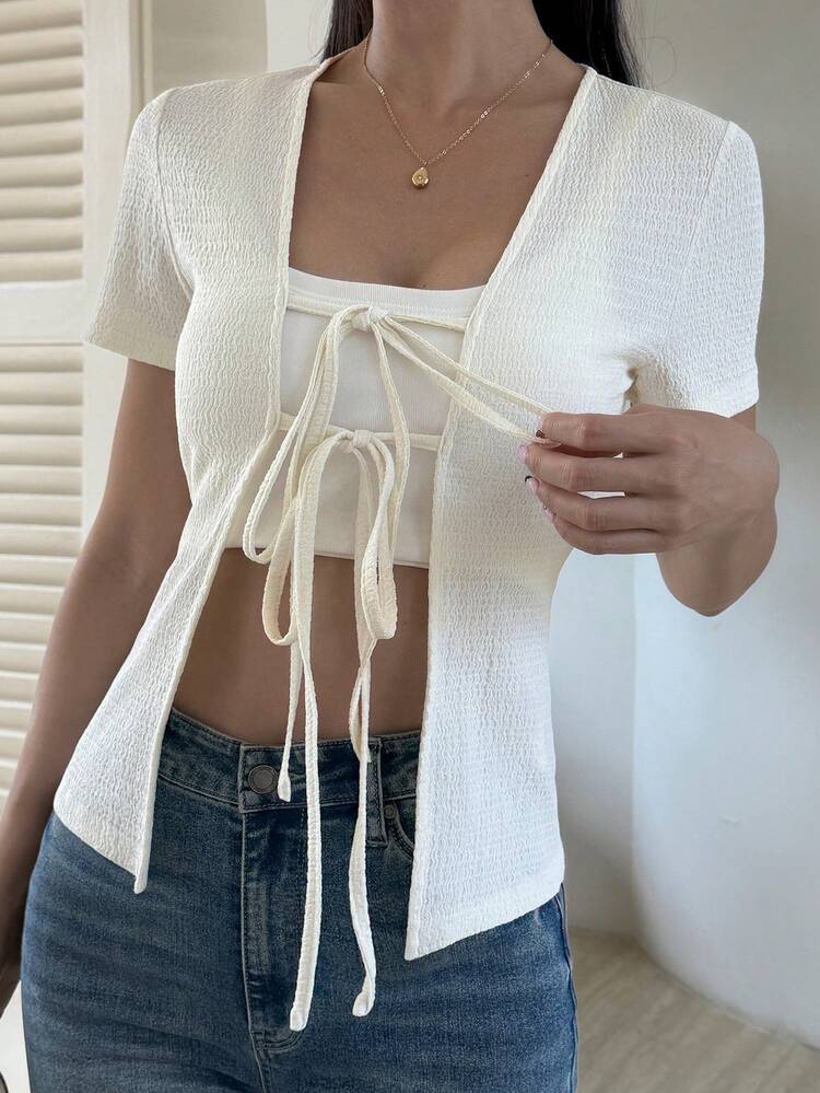 Women's V-Neck Short Sleeve Textured Fabric Bow Tie Casual Elegant Fitted Cardigan Summer