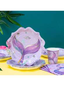 Purple Large Fish Tail Petal-Shaped Ocean-Themed Disposable Plates, Napkins, And Cups, Disposable Paper Plate Set (100pcs), Many Choices, Very Suitable For Birthday Parties, Family Picnics, Weddings And Other Gatherings. - Multicolor - View 3