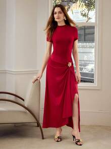 MOTF PREMIUM WOMEN'S ELEGANT PATCHWORK LONG DRESS, SUITABLE FOR DAILY WEAR AND DATES, SPRING/SUMMER - Red - View 7