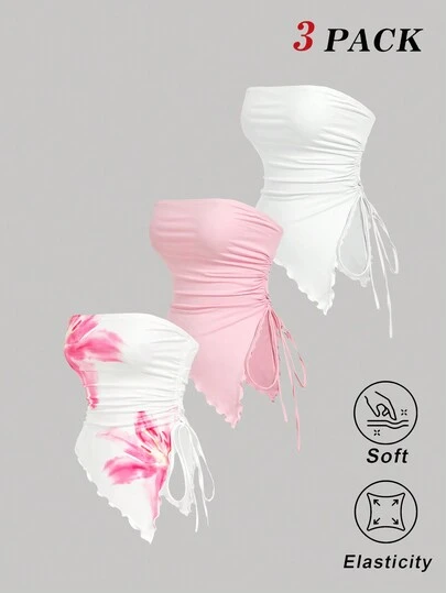 SHEIN MOD Conjunto de 3 piezas con top bandeau asimétrico con estampado floral, para primavera/verano