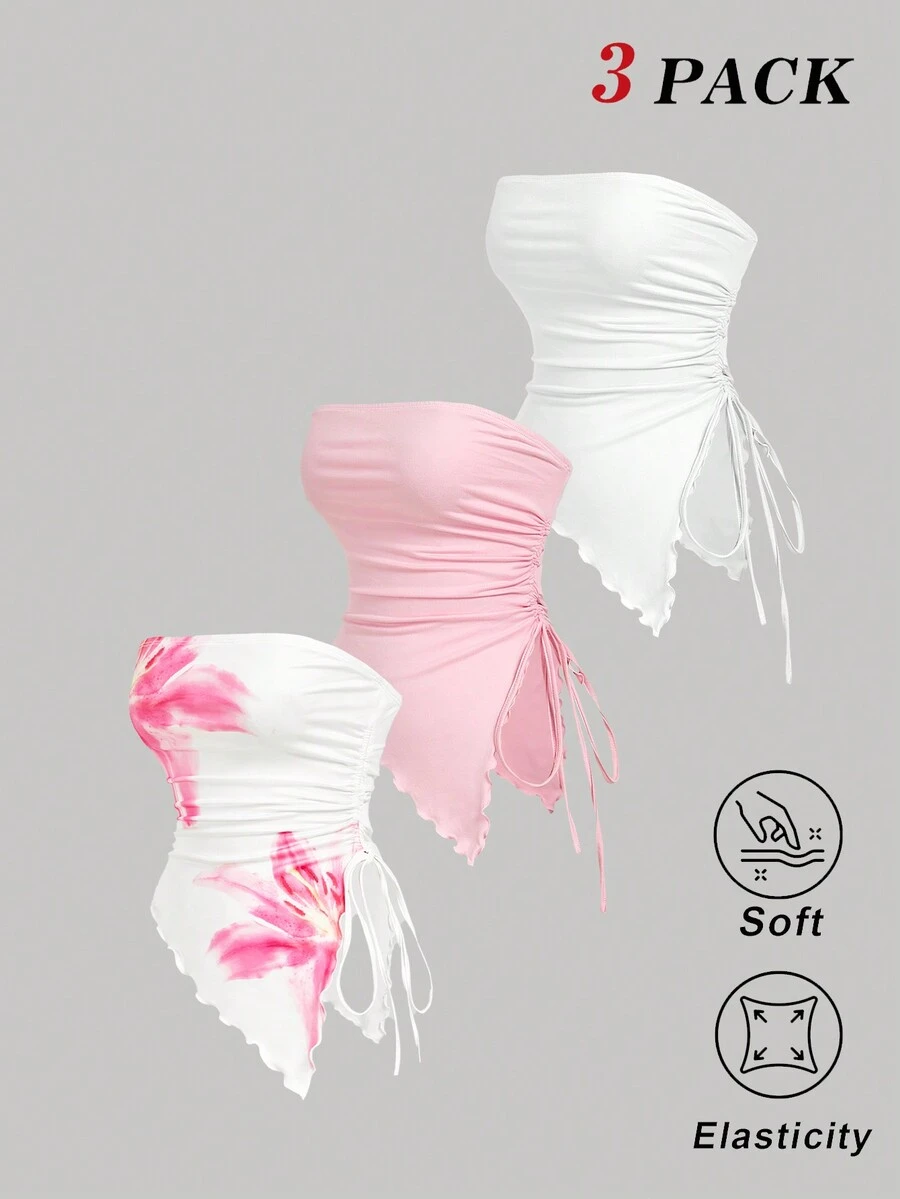 SHEIN MOD 女款3件組花卉不對稱抹胸套裝,白色與粉色花卉印花抹胸上衣,不對稱下擺,性感,夏季度假上衣 - 彩色 - 查看 1