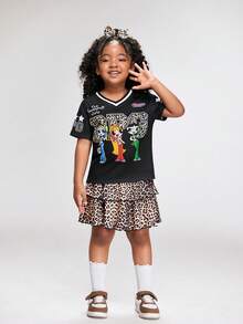 THE POWERPUFF GIRLS X SHEIN 女童休闲卡通字母印花短袖T恤，夏季 - 黑色 - 查看 4