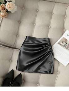 Franclia Fashionable New Glossy Asymmetrical Hem High Waist Slim Fit Pleated Bodycon Skirt, Spring/Summer - Black - View 6