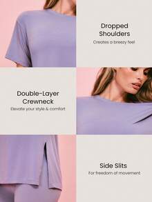 GLOWMODE 2 Pieces Tencel™ Modal Soft Silky Oversized Tee & 4.3'' FeatherFit™ Buttery-Soft Sweat-Wicking Crossover Waist Biker Shorts Gym Cycling Running - Purple - View 4