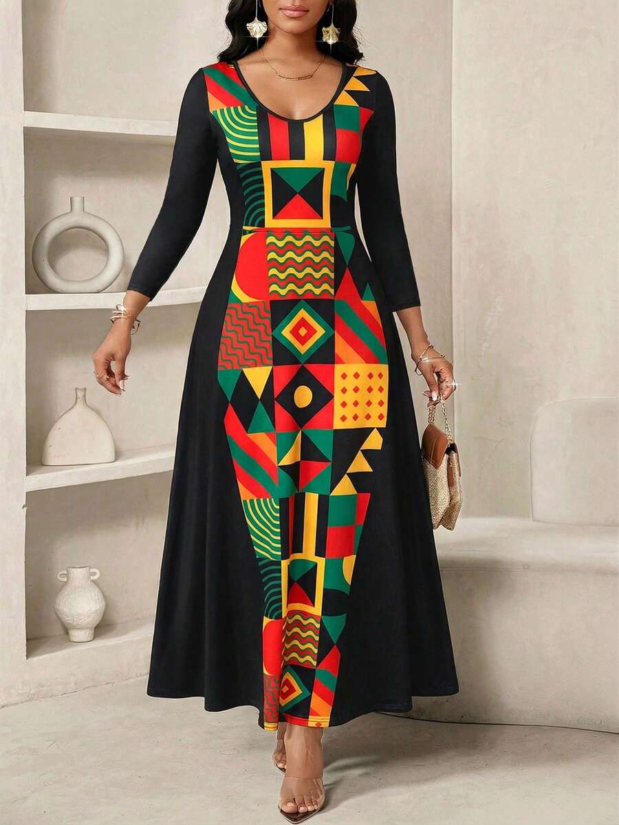 SHEIN Lady Đầm dài nữ cổ tròn in họa tiết hình học, thắt eo thanh lịch, thích hợp cho các buổi hẹn hò và tiệc tùng. - màu đen - Xem 1