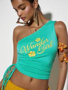 Coolane Blusas de tirantes asimétricos verdes con estampados gráficos, elásticas y con cordón, estilo chic Y2K para vacaciones, para mujer en primavera/verano - verde menta - Ver 3