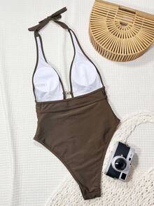 Swim SXY 女士黑色深V领露背性感连体泳衣，节日波西米亚风 - 咖啡棕 - 查看 2