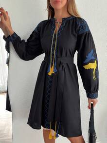 Women's Bohemian Style Embroidered Long Sleeve Belted Midi A-Line Dress, Black - Black - View 3