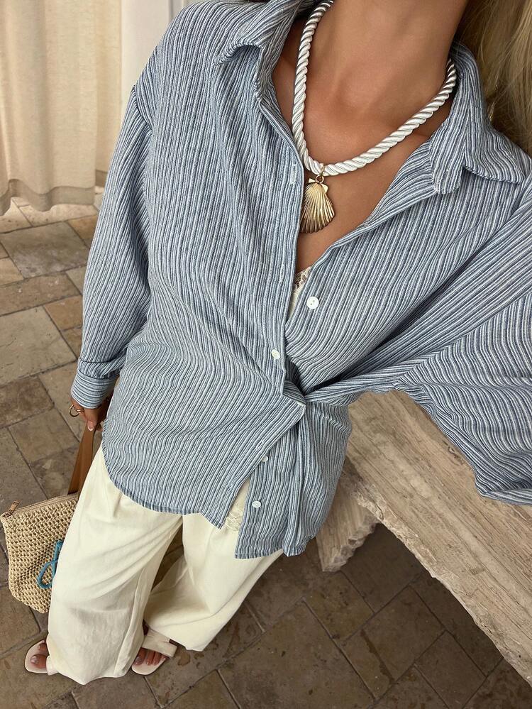 Women's Striped Drop Shoulder Long Sleeve Single-Breasted Casual Shirt