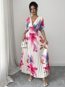 Elenzga 女士多色烧花褶皱高领设计褶皱肩袖收腰连衣裙，优雅正式场合连衣裙，适合情人节、复活节、劳动节、生日、约会、派对、教师装、旅行、春夏穿着。 - 彩色 - 查看 6