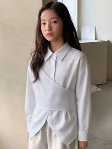 DAZY 少女翻领条纹长袖梭织衬衫，秋季款 - 紅色 - 查看 6